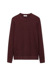 Pull à manches longues bordeaux en tissu côtelé, doté d'un col rond et d'un ourlet droit, avec une finition texturée.