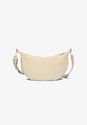 Beige crescent-shaped corduroy shoulder bag with adjustable strap and silver zipper closure, small metal brand logo on front center.