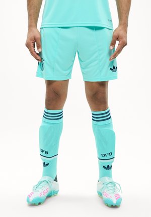Homme portant un short de football bleu clair, des chaussettes montantes avec le texte DFB, et des crampons avec le logo rose "F50", debout sur fond blanc.