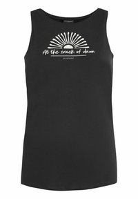Top nero senza maniche in cotone con un design grafico bianco di un sole nascente e il testo "All'alba" sopra di esso.
