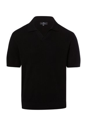 Schwarzes kurzärmeliges Strick-Poloshirt mit strukturierter Stoff und kleinem Kragen, flach vor weißem Hintergrund dargestellt.