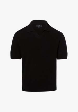 Schwarzes kurzärmeliges Strick-Poloshirt mit strukturierter Stoff und kleinem Kragen, flach vor weißem Hintergrund dargestellt.