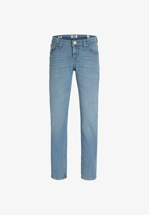 Jasnoniebieskie jeansy slim fit z pięcioma kieszeniami, szlufkami na pasek i zapięciem na guzik.