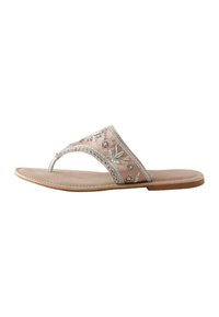 Beige sandal med dekorativ silverbroderi och sömmar. Har en tåpostdesign och platt sula med en naturlig textur.