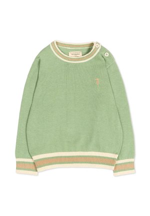 Pull tricoté vert clair avec manches, col et ourlet rayés beige et blanc, avec deux boutons à l'épaule et un petit logo brodé.