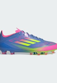 Blue and pink soccer cleat with a sleek design, featuring a textured upper, vibrant neon accents, and colorful, semi-transparent studs.