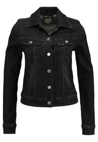 Černá džínová bunda s přiléhavým střihom, s knoflíkovým zapínáním a dvěma náprsními kapsami. Obsahuje klasický límec a stříbrné kovové detaily.