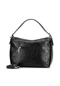 Černá kožená taška přes rameno s texturovaným povrchem, přední kapsou na zip a odnímatelným popruhem. Vyznačuje se zakřiveným tvarem a pevnou rukojetí.
