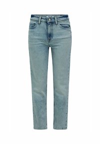 Jeans de mezclilla azul claro con corte recto. Las características incluyen una cintura alta, cinco bolsillos y un acabado desgastado con sutiles detalles de arrugado.