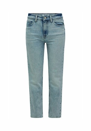 Jeans de mezclilla azul claro con corte recto. Las características incluyen una cintura alta, cinco bolsillos y un acabado desgastado con sutiles detalles de arrugado.