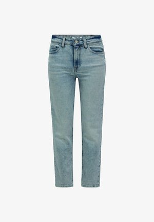 Jeans de mezclilla azul claro con corte recto. Las características incluyen una cintura alta, cinco bolsillos y un acabado desgastado con sutiles detalles de arrugado.