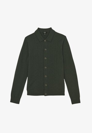 Donkergroene cardigan met lange mouwen, een puntige kraag, knoopsluiting aan de voorkant en een subtiel diamantpatroon op het borstgebied.