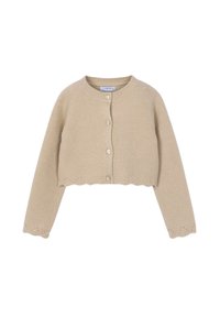 Cardigan cropped beige realizzato in maglia texturizzata, con collo tondo, chiusura con bottoni e orlo smerlato con dettagli in pizzo.