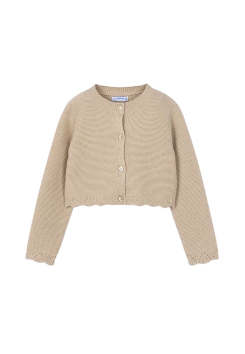 Cardigan cropped beige realizzato in maglia texturizzata, con collo tondo, chiusura con bottoni e orlo smerlato con dettagli in pizzo.