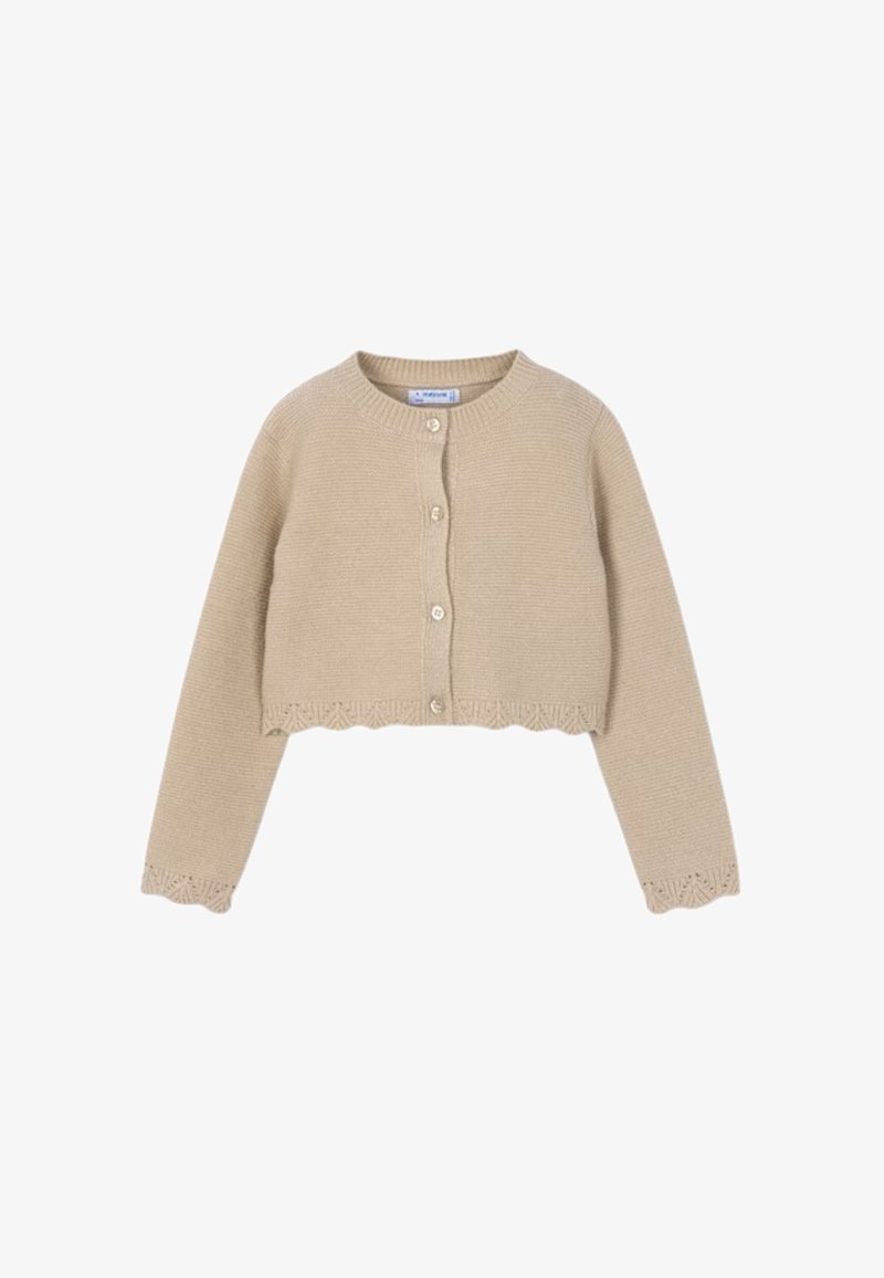 Cardigan cropped beige realizzato in maglia texturizzata, con collo tondo, chiusura con bottoni e orlo smerlato con dettagli in pizzo.