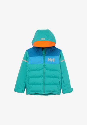 Veste matelassée pour enfants en bleu sarcelle et bleu, avec capuche, doublure intérieure orange de la capuche, logo réfléchissant "HH" sur la poitrine et la capuche, fermeture éclair frontale et poignets.