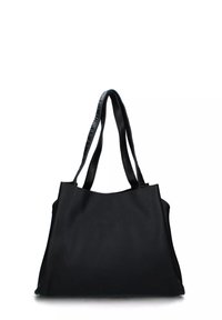 Borsa tote in pelle nera con superficie texturizzata, aperture ampie, doppi manici e design minimalista. Nessun hardware o dettaglio visibile.