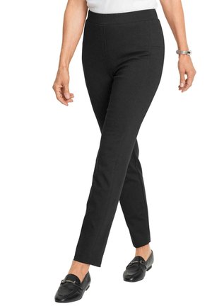 Zwarte stretchbroek met een slim fit, voorzien van een elastische tailleband en twee zijzakken. Gemaakt van een gladde, textuurstof.