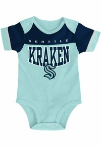 Hellblauer Ganzkörperanzug mit dunkelblauen Ärmeln, versehen mit dem Text und Logo "SEATTLE KRAKEN". Aus weicher Baumwolle, mit drei Druckknöpfen am unteren Ende.