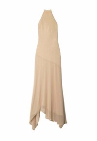 Beige, mouwloos jurkje met hoge hals. Zachte, vloeiende stof, asymmetrische zoom. Glad textuur met subtiele glans.