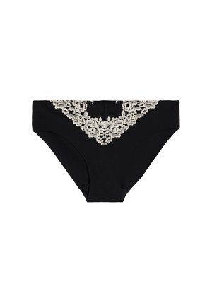 Zwarte onderbroek met kantdetails op de taille. Kenmerkt zich door een gladde, elastische stof en een klassieke broekvorm.