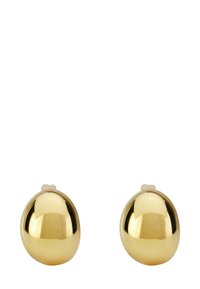 Złote metalowe kolczyki w kształcie owalnym, o gładkiej fakturze i lustrzanej powierzchni. Minimalistyczny design z bezpiecznym zapięciem.