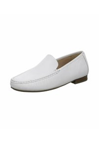 White leather slip-on shoe with a smooth texture, rounded toe, and subtle stitching detail along the edge. Features a low, flat heel.