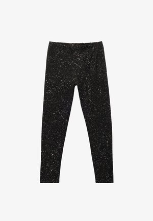 Czarne legginsy z drobinkami brokatowego wzoru, wykonane z elastycznego materiału, z elastycznym pasem dla komfortu.