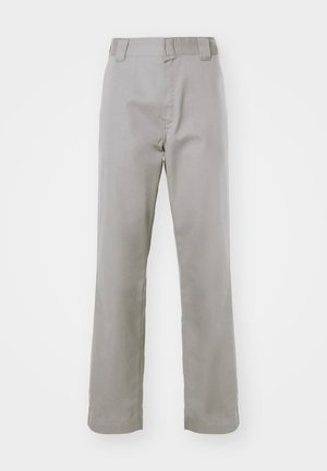Gray cotton trousers with a straight leg design, featuring a flat front, belt loops, and a smooth texture.