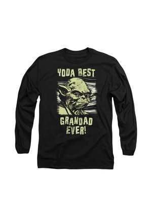Black long-sleeve shirt featuring a graphic print of a cartoon character's face with the text "Yoda Best Grandad Ever!" in yellow.