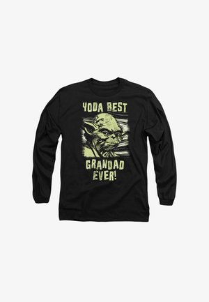 Black long-sleeve shirt featuring a graphic print of a cartoon character's face with the text "Yoda Best Grandad Ever!" in yellow.