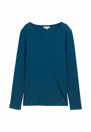 Koszula z długim rękawem w głębokim odcieniu teal, wykonana z miękkiej bawełny, z okrągłym dekoltem i luźnym krojem, gładka w dotyku, bez widocznych wzorów czy akcentów.
