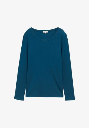 Sügava teali värvi pika varrukaga särk, valmistatud pehmest puuvillast, ümmarguse kaelusega ja mugava lõikega, siledast tekstuurist, ilma nähtavate mustrite või aktsentideta.