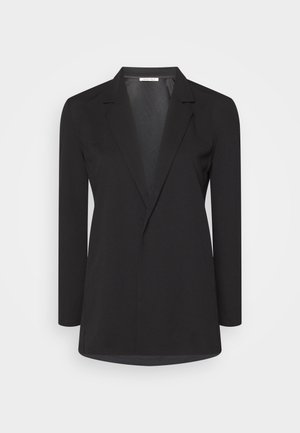 Blazer noir pour femme avec manches longues, coupe cintrée et col à revers cranté, présenté de face sur un fond uni.
