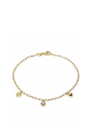 Zarter Goldkettenarmband mit drei Anhängern: einem Herz, einem klaren Edelstein und einer goldenen Kugel, mit einem Karabinerverschluss.