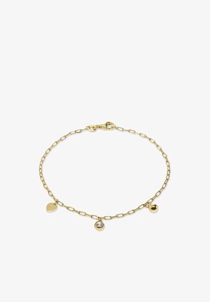Zarter Goldkettenarmband mit drei Anhängern: einem Herz, einem klaren Edelstein und einer goldenen Kugel, mit einem Karabinerverschluss.