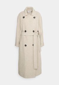 Beige trenchcoat van een wolmix met een dubbelgeknoopte sluiting, grote zwarte knopen, brede kraag en een bijpassende ceintuur. Geverfde stof met een subtiel patroon.
