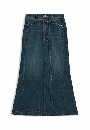 Denim skirt in dark blue with a flared design, finished with contrast stitching, front pockets, and a tie at the waist.