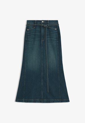 Gonna di jeans blu scuro con design svasato, rifinita con cuciture a contrasto, tasche anteriori e una cintura da annodare in vita.