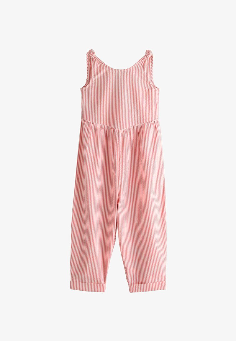 Różowo-biała kombinezon w paski z wąskimi ramiączkami, marszczoną talią i zwężanymi nogawkami. Gładki materiał o miękkiej teksturze.