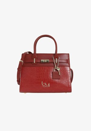 Borsa rossa in pelle sintetica effetto coccodrillo con manici superiori, tracolla staccabile, dettaglio lucchetto color oro e ciondolo a forma di chiave su catena.