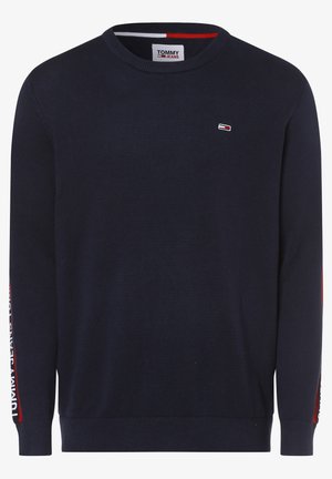 Navy blue crewneck sweater with small Tommy Jeans logo on chest and branded stripes along sleeves.