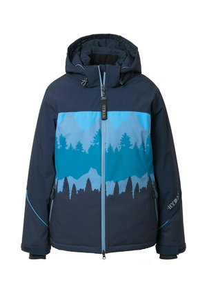 Námořnicky modrá voděodolná bunda s modrým motivem hor a lesa. Má kapuci, plný zip a nastavitelné manžety; obsahuje boční kapsy.
