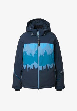 Tummansininen vedenpitävä takki, jossa sininen vuori- ja metsäkuvio. Takissa on huppu, täysi vetoketju ja säädettävät hihansuut; mukana sivutaskut.