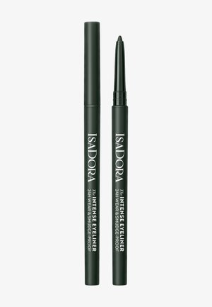 Musta vetäytyvä silmänrajauskynä korkilla, jossa lukee "Isadora The Intense Eyeliner 24H Wear & Smudge-Proof", yksi suljettu, toinen avoin.