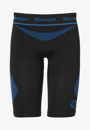 Pantaloni sportivi neri con accenti blu e una cintura testurizzata. Presentano un design aderente con dettagli a righe sui lati e un logo.