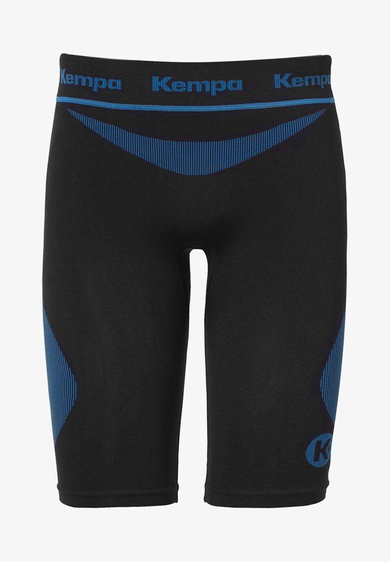 Pantaloni sportivi neri con accenti blu e una cintura testurizzata. Presentano un design aderente con dettagli a righe sui lati e un logo.