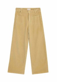 Pantalons en velours côtelé à coupe large de couleur beige clair, avec des côtes verticales, deux poches arrière et une fermeture à bouton à la taille.