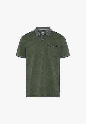 Olijfgroen polohemd met korte mouwen, een kraag, een twee-knopenbies en een borstzak met donkere randdetails.