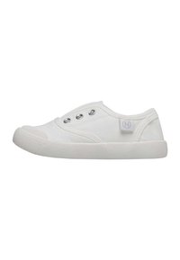 White canvas slip-on shoe with rounded toe, three metallic eyelets, and textured rubber sole. Minimalist design with subtle branding detail.